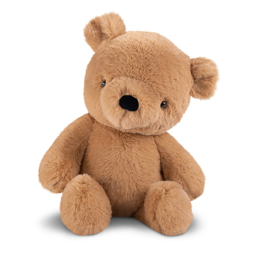 Small brown plush teddy bear with round ears and black nose sitting upright on white background.