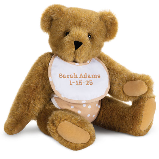 15-inch honey-colored plush teddy bear with brown eyes and a personalized white bib embroidered with "Sarah Adams 1-15-25".