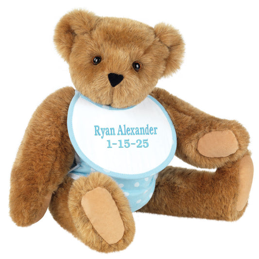 Honey-colored 15-inch baby bear plush with blue polka dot bib embroidered with name and date.