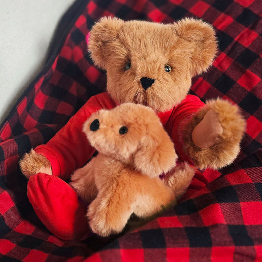 Honey-colored plush teddy bear wearing red pajamas holding a small light brown plush dog, sitting on red and black buffalo.