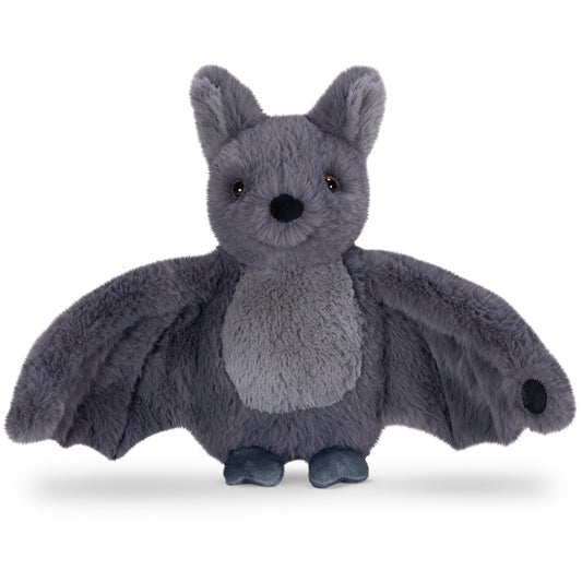 Gray plush bat toy with outstretched wings and black eyes, standing upright.