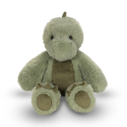 Soft plush green T-Rex with a rounded head, dark eyes, and fabric spikes on feet.