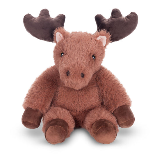 Brown plush moose toy with large dark brown antlers and soft textured fur sitting upright.