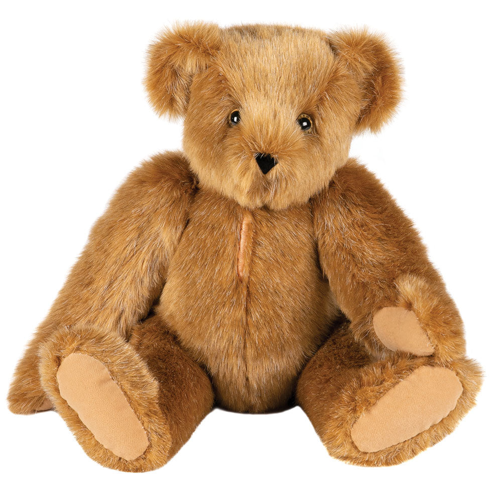 15-inch brown plush teddy bear with stitched nose and soft paw pads sitting upright.