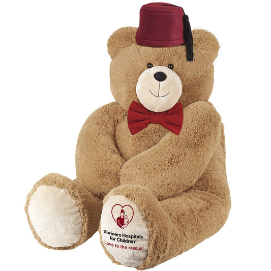 4 ft. light brown plush bear with red bow tie and burgundy fez hat embroidered with St. Jude logo on paw.