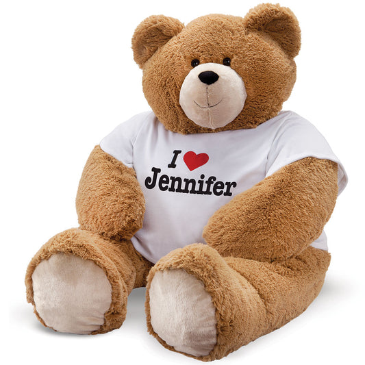 6 ft. brown plush teddy bear wearing white shirt with "I ♥ Jennifer" text.