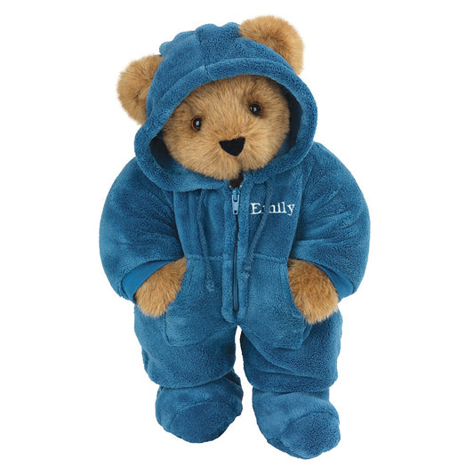 Honey-colored teddy bear wearing a blue plush hoodie-footie with "Emily" embroidered on chest.
