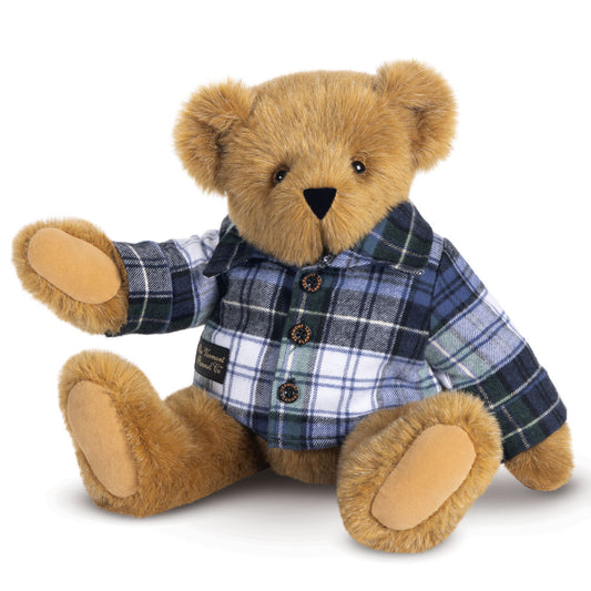 15-inch honey-colored teddy bear wearing blue, white, and green Campbell plaid flannel shirt.